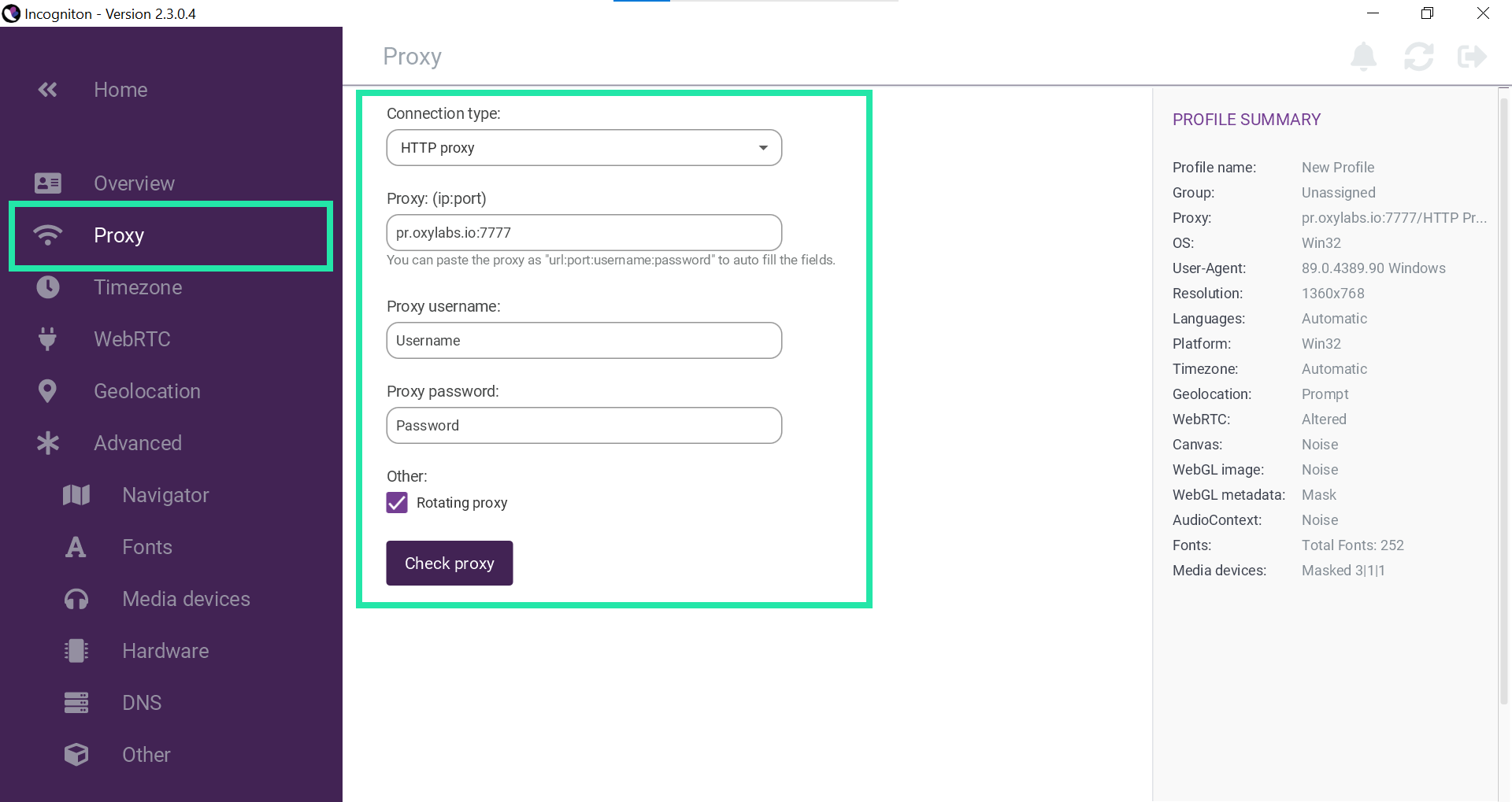 Add proxy details and check it